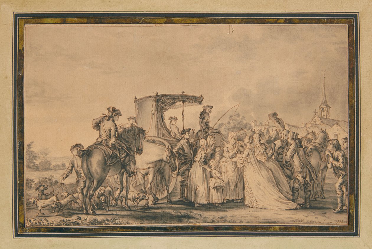 Marie Antoinette, joka poistuu vaunustaan ja korteensa ympäröimänä, lohduttaa talonpoikaa, 1773 tekijältä Jean Michel the Younger Moreau