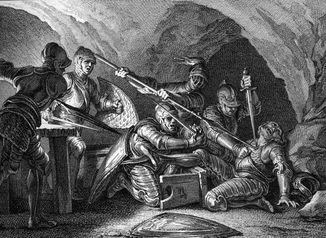 Akvitanian herttuakunnan tapaaminen kruunuun: Aquitanian herttua Waifren (tai Gaifierin) salamurha (767 tai 768). Romanetin kaiverrus Moreau le jeunen (1779) mukaan. tekijältä Jean Michel the Younger Moreau