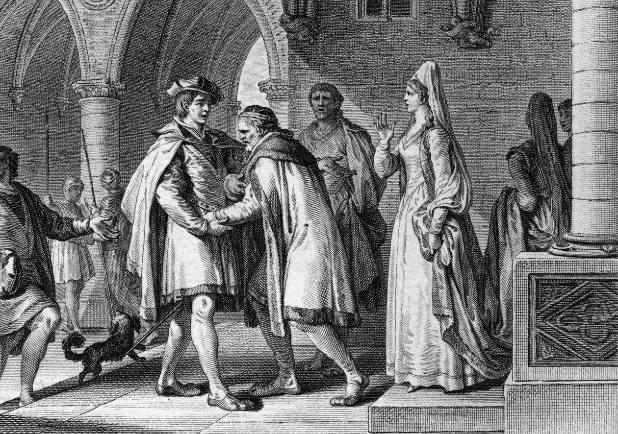 Filipp I (1052-1108), frangien kuningas, vierailee Anjoun kreivin Foulques le Rechinin (1042-1109) hovissa. Tämä matka on tekosyy järjestää hänen avioliittonsa Bertrade de Montfortin (noin 1070-1118), kreivin vaimon kanssa. 1095. Kaiverrus Jean Mich tekijältä Jean Michel the Younger Moreau
