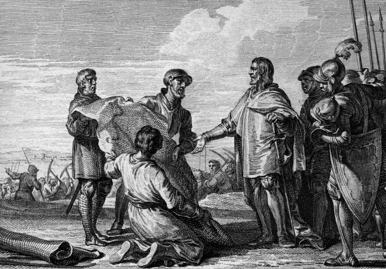 Reinin ja Tonavan välinen kanava, 793: Kaarle (747-814) vierailee kanavapaikalla yhdistääkseen Pohjanmeren Mustaanmereen. Kaiverrus Jean Michel Moreau, dit Moreau le Jeune (1741-1814) tekijältä Jean Michel the Younger Moreau