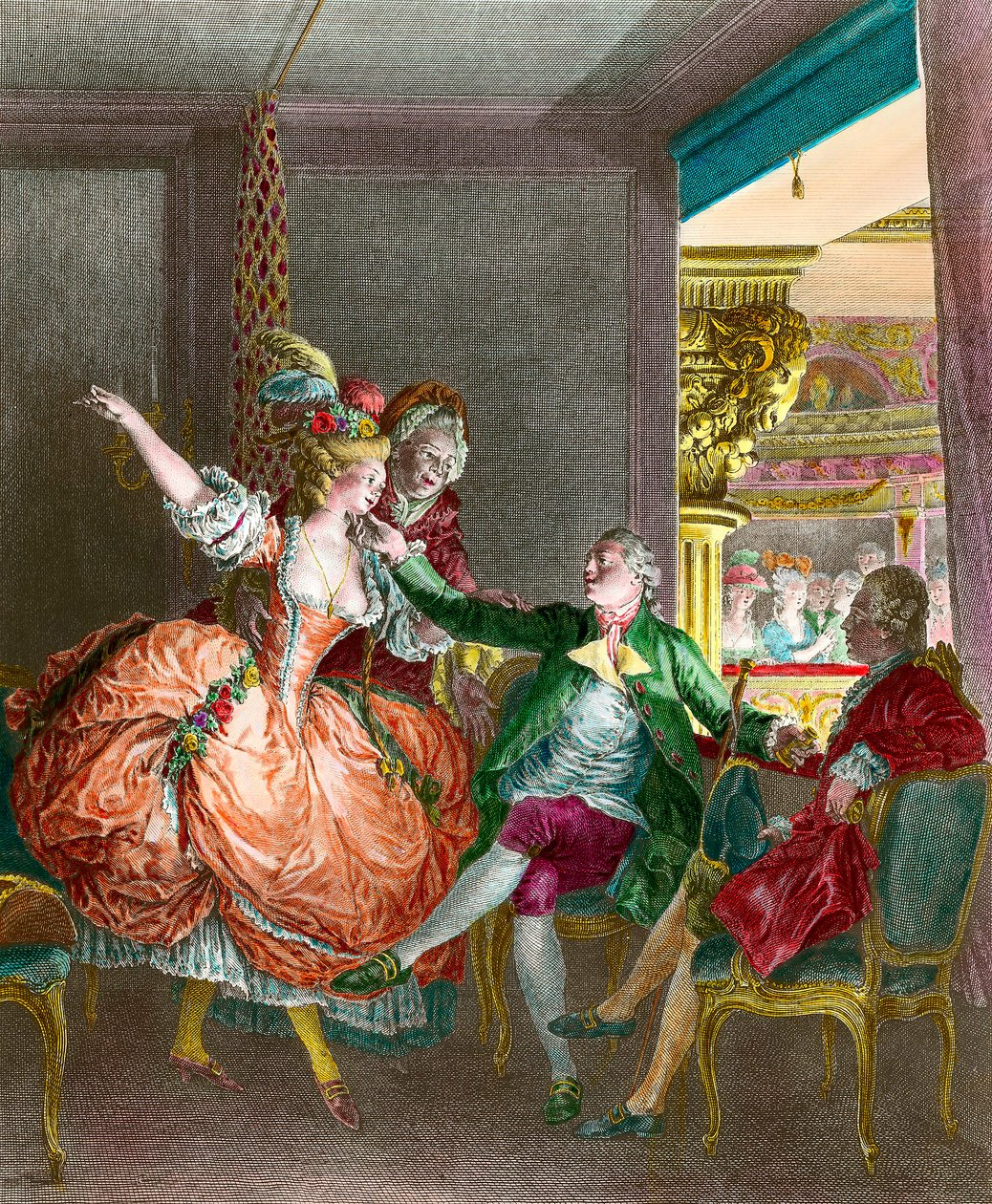 Prostituutio: "" Esitys teatterissa""" Nuori nainen esitellään parittajan kautta herralle. Moreau le Jeunen (1741-1814) kaiverrus. 1800-luvulla. Yksityinen kokoelma tekijältä Jean Michel the Younger Moreau