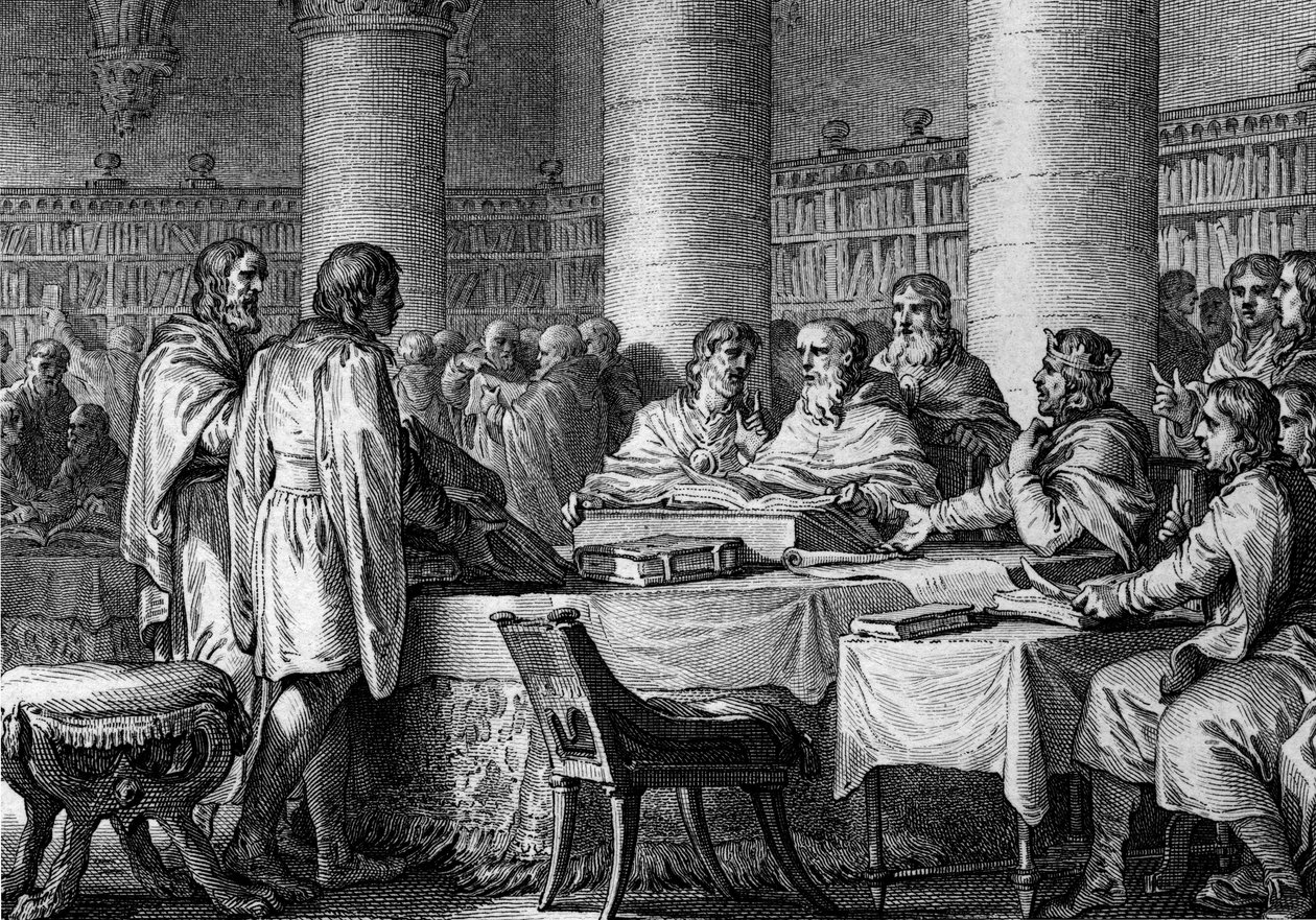 Ranskan kuningas Kaarle Suuri (747-814) ja munkki Alcuin aloittivat opinnot uudelleen lännessä. 781. Kaiverrus Jean Michel Moreau, dit Moreau le Jeune (1741-1814) tekijältä Jean Michel the Younger Moreau