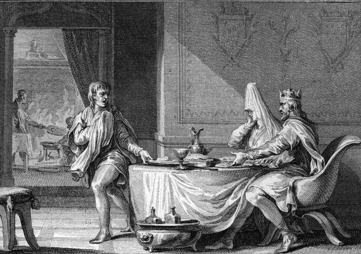 Robert II Pieux (n. 970-1031), Ranskan kuningas, erotettiin vuonna 997 avioliiton jälkeen serkkunsa Berthen kanssa Burgundiasta. Moreau Nuoren kaiverrus 1700-luvulta. tekijältä Jean Michel the Younger Moreau