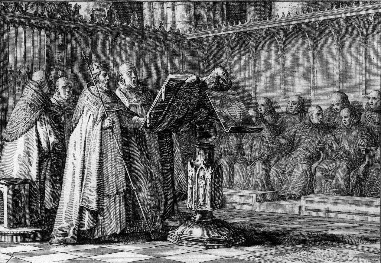 Robert II hurskas (970-1031), frankkien kuningas, laulamassa jumalanpalveluksessa puhujan edessä. Hän kantaa kruunuaan ja pitää valtikkaansa. Kaiverrus Jean Michel Moreau, dit Moreau le Jeune (1741-1814) tekijältä Jean Michel the Younger Moreau