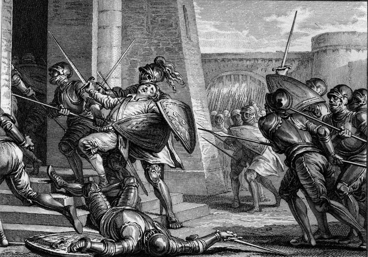 Robert the Fort kuoli (noin 815-866), Ranskan herttua, Brissarthen taistelun aikana vuonna 866 vastustaen frankeja Bretonin ja Vikingin yhdistävää armeijaa vastaan. Kaiverrus Jean Michel Moreau, dit Moreau le Jeune (1741-1814) tekijältä Jean Michel the Younger Moreau