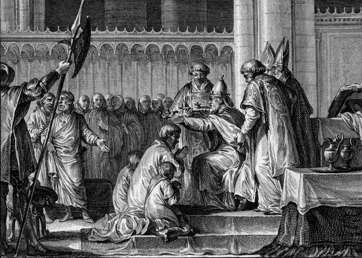 Pyhä Pepin Lyhyt (714-768), Saint Denisin basilika, 28. heinäkuuta 754: Paavi Stefanos II vihki hänet frankkien kuninkaaksi ja roomalaisten Patriceiksi (Patricius Romanorum). Hänen rinnallaan hänen kaksi poikaansa, Carloman ja Charles (tuleva Kaarle Suuri) tekijältä Jean Michel the Younger Moreau