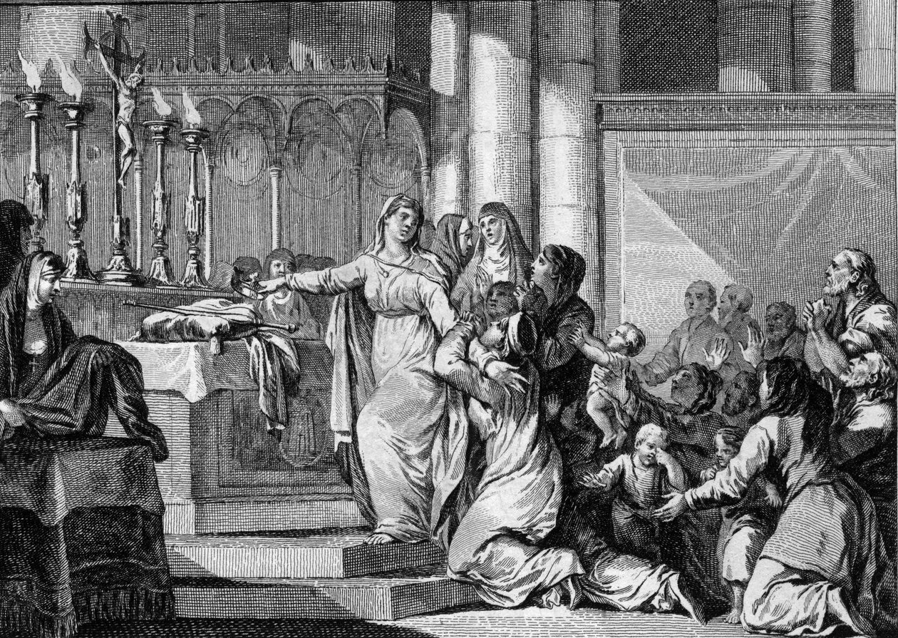 Sainte Bathilde (tai Batilde, Bathylle, Beaudour) (626-680), frangien kuningatar ja Clovis II:n leski, päätti ottaa verhon Chellesin luostarissa vuonna 665. Hänen alamaiset yrittävät pysäyttää hänet. Kaiverrus Jean Michel Moreau, dit Moreau le Jeune (1741- tekijältä Jean Michel the Younger Moreau