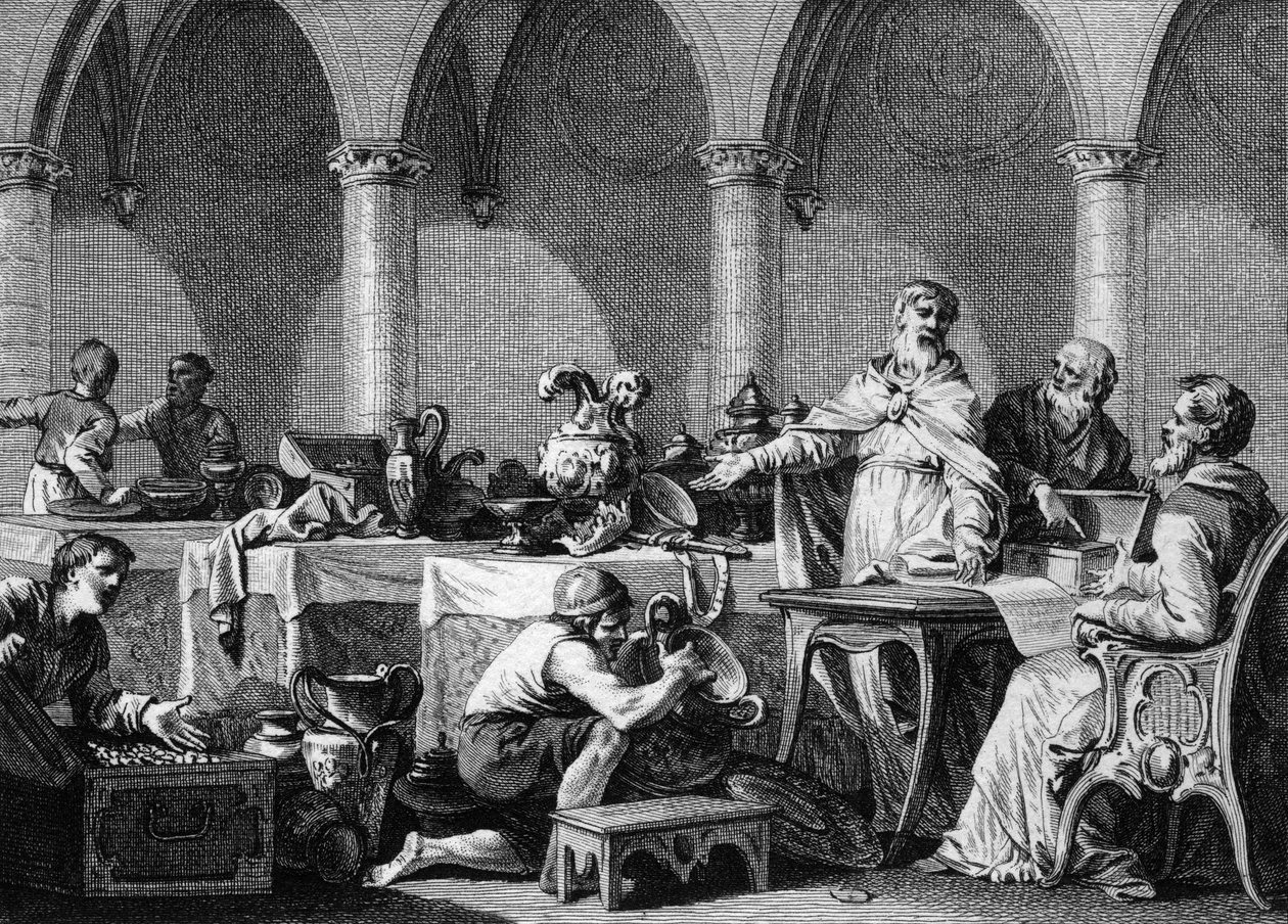Dagobert I:n (602/605-638), frangien kuninkaan, veljien jakaminen hänen kuolemansa jälkeen Landenin ja Aegan Pepin-palatsin kahden pormestarin hallinnassa. Kaiverrus Jean Michel Moreau, dit Moreau le Jeune (1741-1814) tekijältä Jean Michel the Younger Moreau