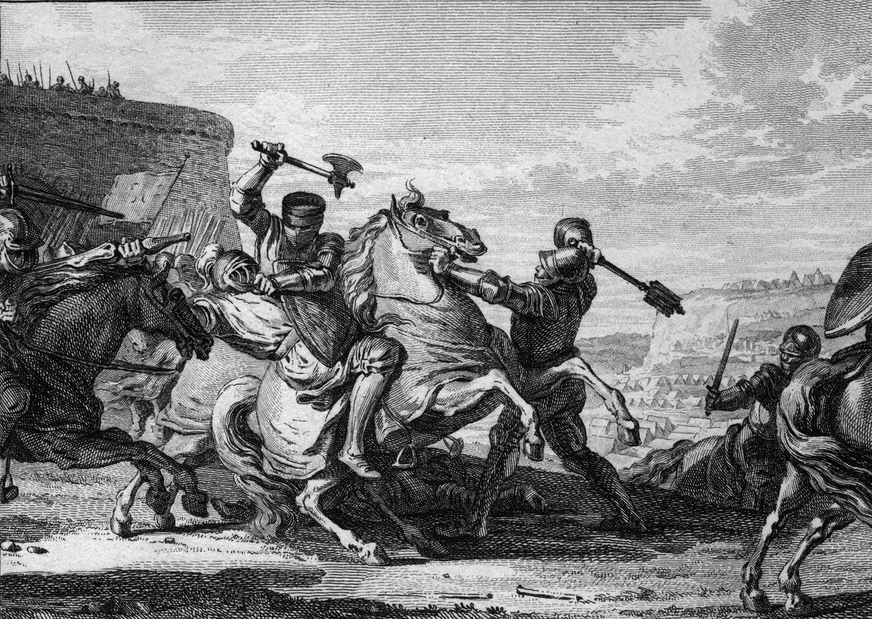 Armeija piirittää Pariisin, jos Python IS, 978: saksalainen ritari (keisarin veljenpoika) murhataan yrittäessään päästä Pariisiin. Kaiverrus Jean Michel Moreau, dit Moreau le Jeune (1741-1814) tekijältä Jean Michel the Younger Moreau