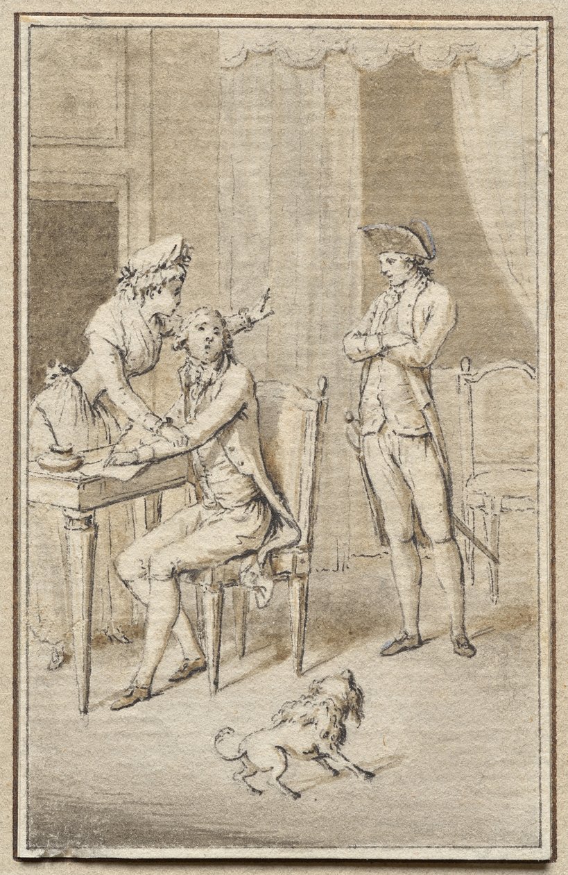 Kolme hahmoa koiran kanssa tekijältä Jean Michel the Younger Moreau