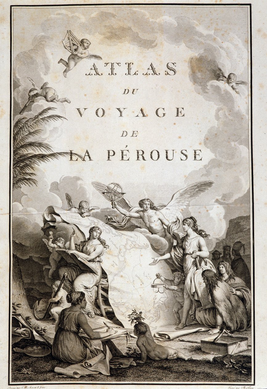 Nimisivu kappaleen "" Atlas du voyage de La Perouse "" (Jean-Francois Galaup, Comte de La Perouse (Jean Francois Laperouse) tekijältä Jean Michel the Younger Moreau