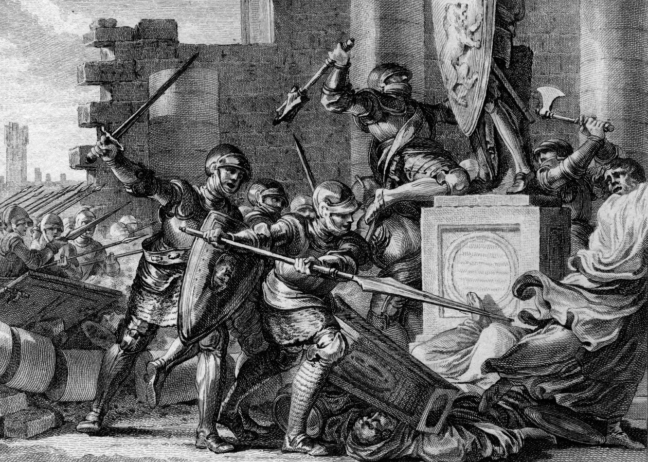 Sota sakseja vastaan, 772: Kaarle Suuren armeija tuhosi Irmensulin, saksien paialaisen jumalan, temppelin ja epäjumalan. Eresburg, Saksa. Kaiverrus Jean Michel Moreau, dit Moreau le Jeune (1741-1814) tekijältä Jean Michel the Younger Moreau