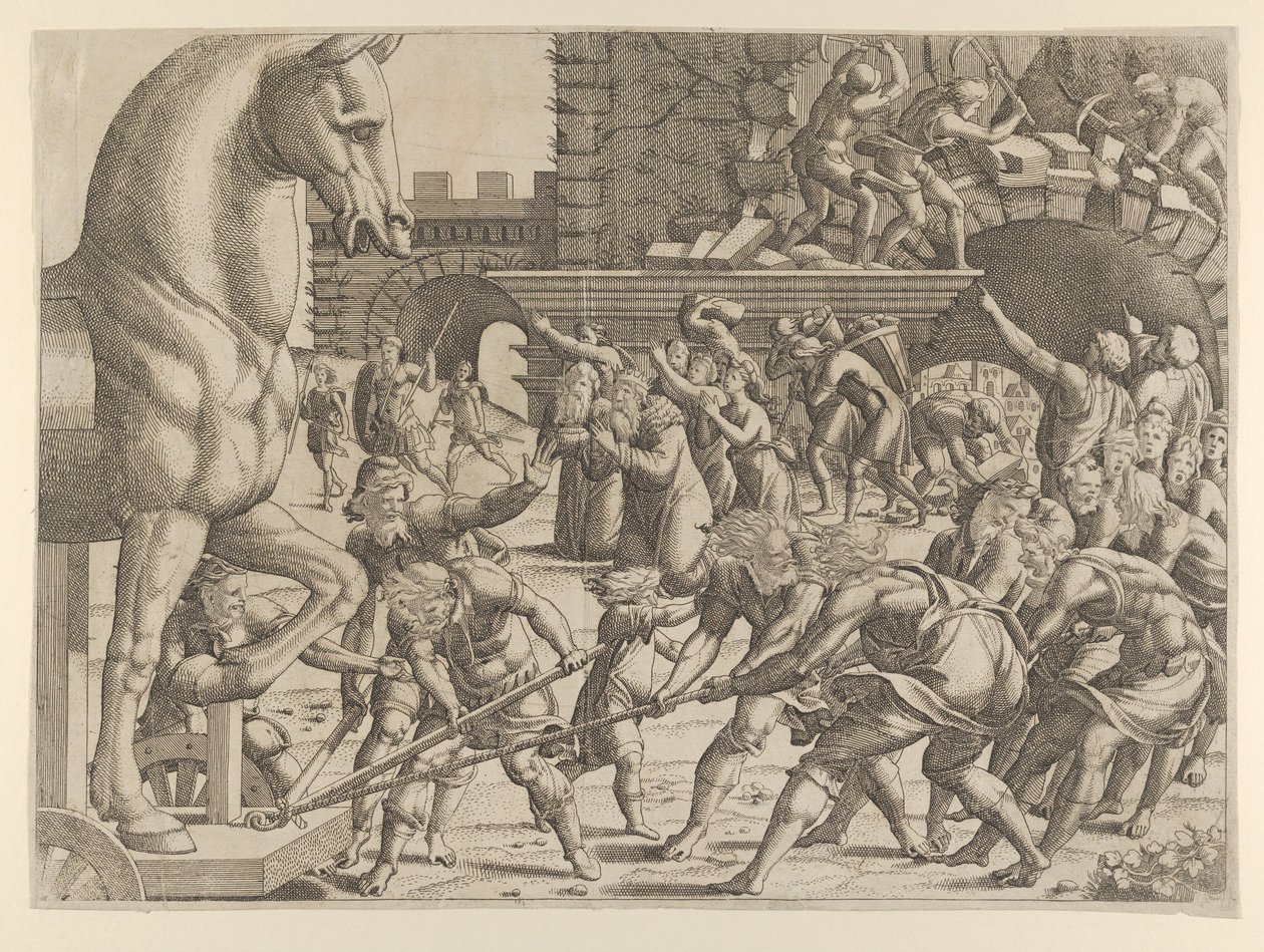 Troijalaiset tuovat puisen hevosen kaupunkiinsa, 1535-55. tekijältä Jean Mignon