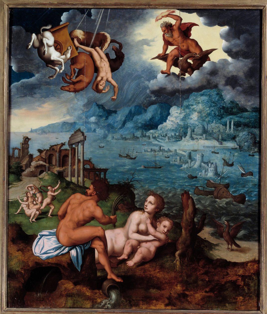 Phaetonin putoaminen Phaeton (Phaethon), joka ei kyennyt hallitsemaan Helios-tankkia, osui Zeusin ja putosi Eridan-jokeen. Claude Mignonin (1535-1555) maalaus 1500-luvulta Rouen, Musee des Beaux Arts tekijältä Jean Mignon