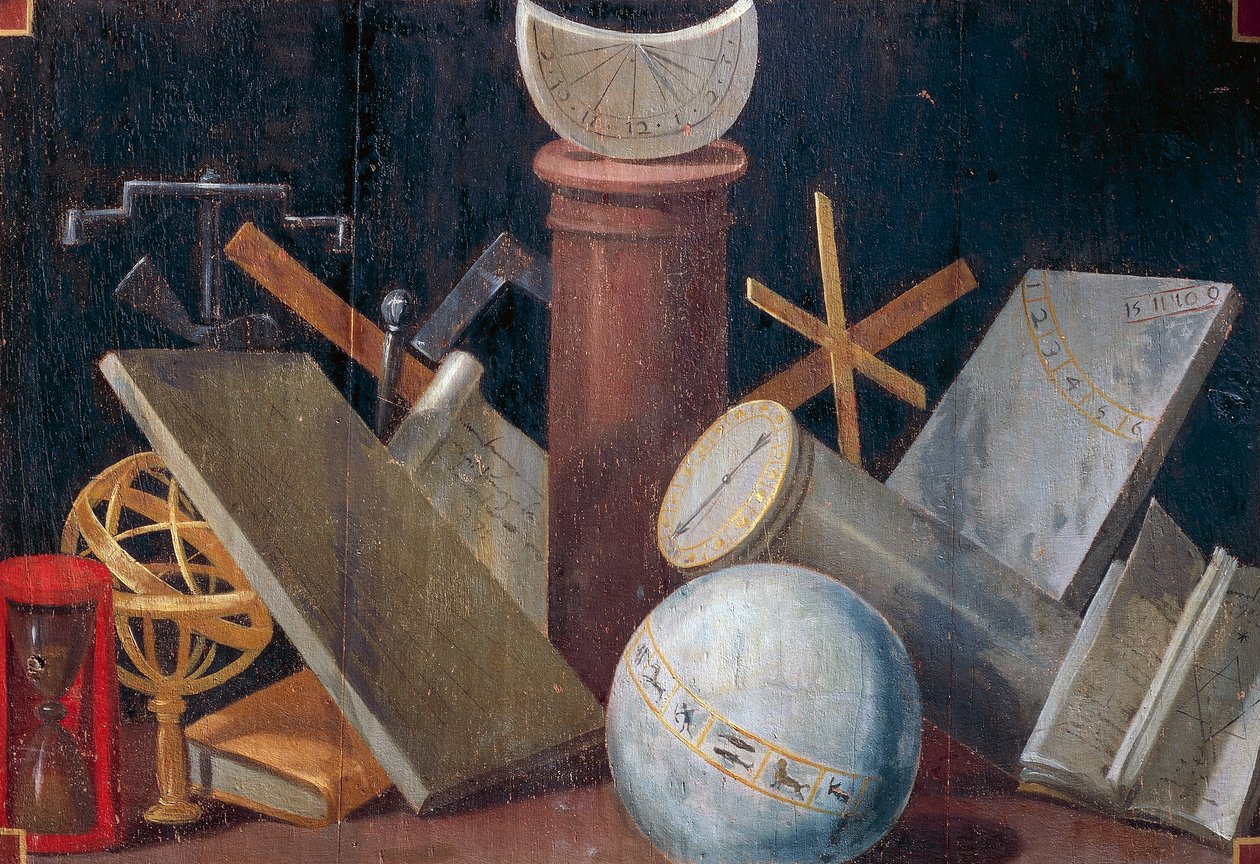 Tieteelliset ja tähtitieteelliset instrumentit, n. 1620, Jean Mosnierin (1600-1656) paneelimaalaus. Beauregardin linna, Loir-et-Cher, Ranska. tekijältä Jean Monier or Mosnier