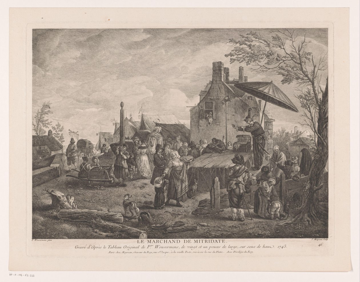 kyläteatteri Le Marchand de Mitridate (otsikko esineessä) Printtejä Philips Wouwermanin maalausten jälkeen (sarjan nimi) Oeuvres de Ph.pe Wouwermans Hollandois (sarjan nimi) tekijältä Jean Moyreau