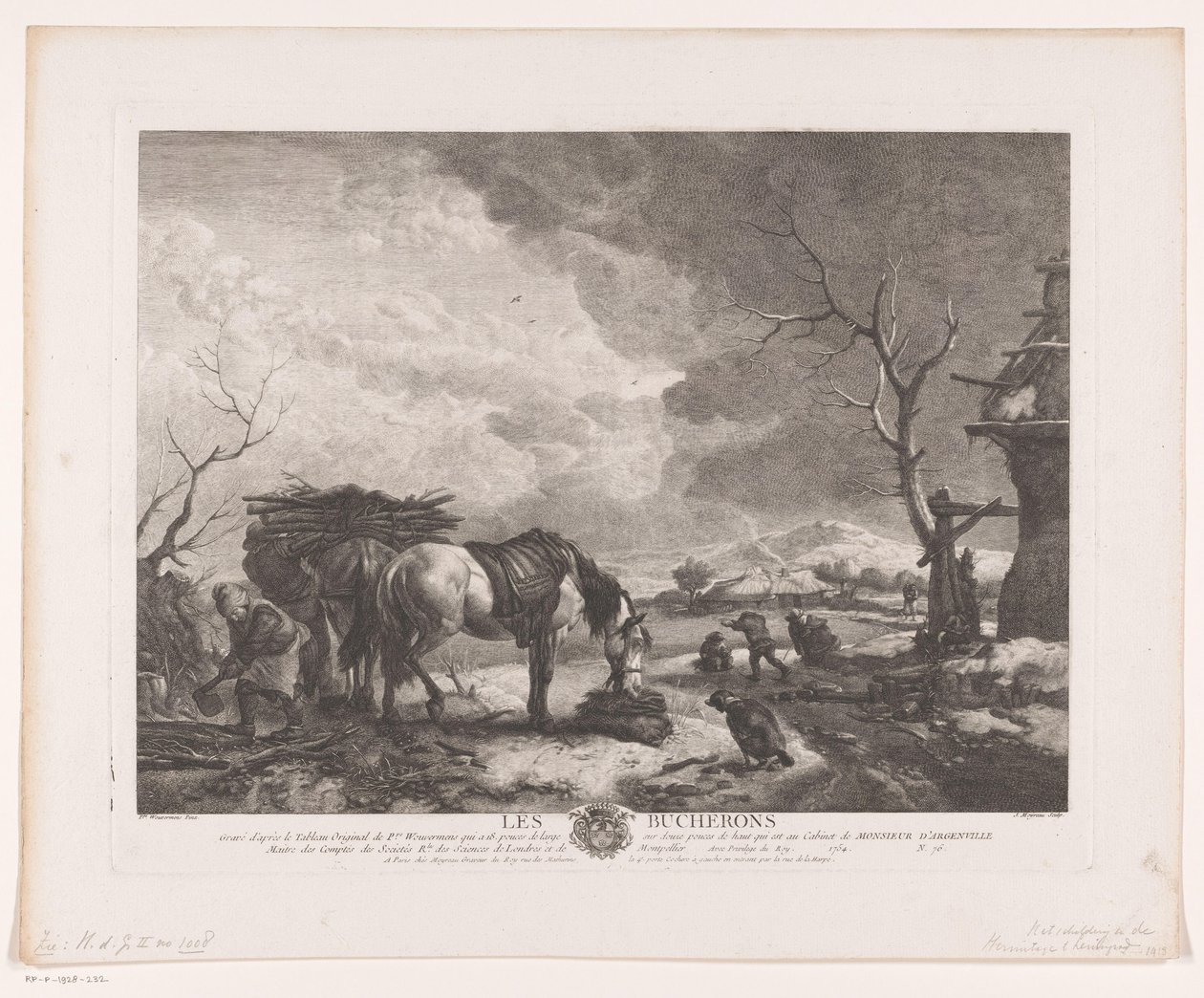 Metsämiehet talvimaisemassa Les Bucherons (otsikko esineessä) Printtejä Philips Wouwermanin maalausten jälkeen (sarjan nimi) Oeuvres de Ph.pe Wouwermans Hollandois (sarjan nimi) tekijältä Jean Moyreau