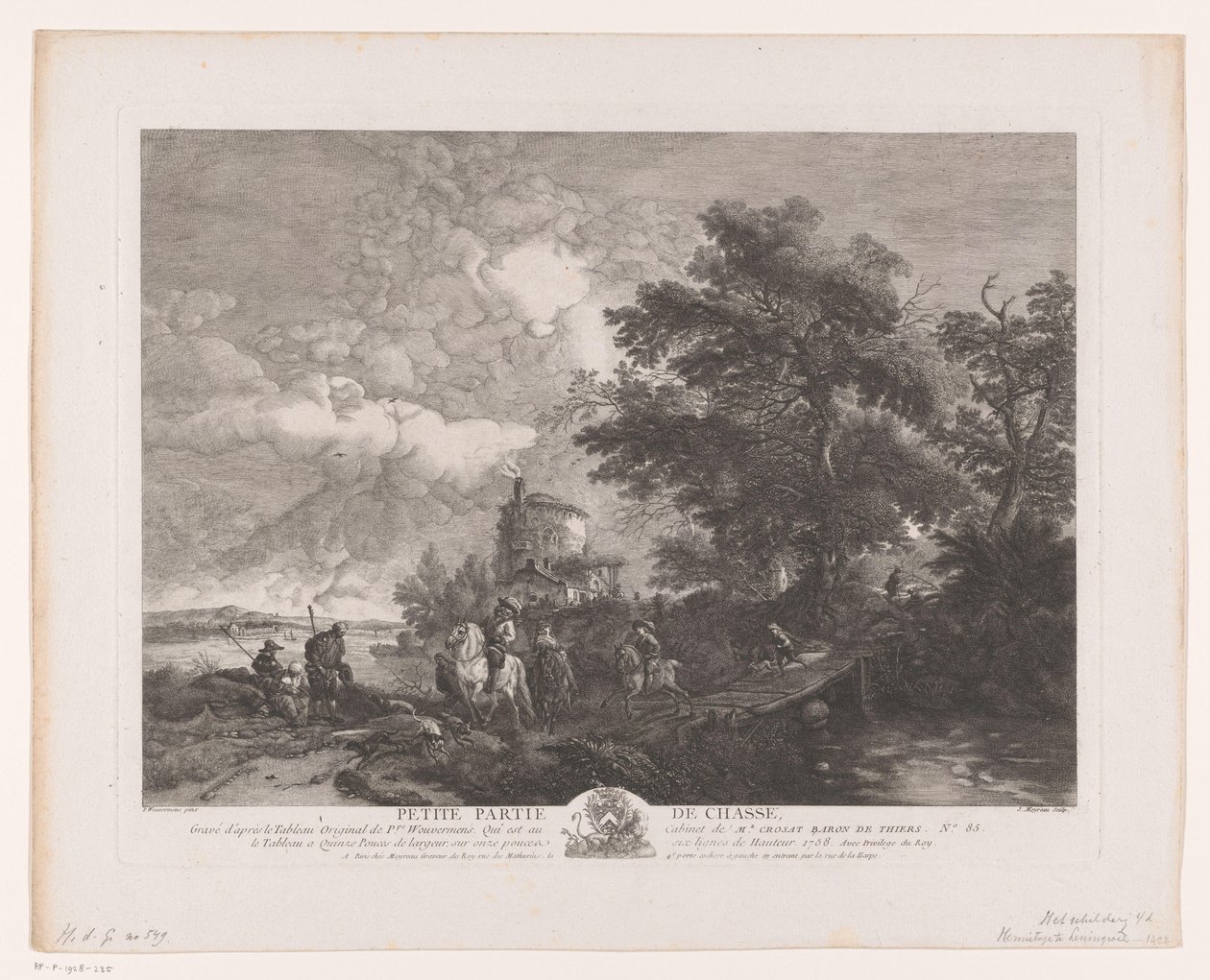 Metsästysryhmä maisemassa sillan kanssa Petite Partie de Chasse (otsikko esineessä) Tulosteet Philips Wouwermanin maalausten jälkeen (sarjan nimi) Oeuvres de Ph.pe Wouwermans Hollandois (sarjan nimi) tekijältä Jean Moyreau