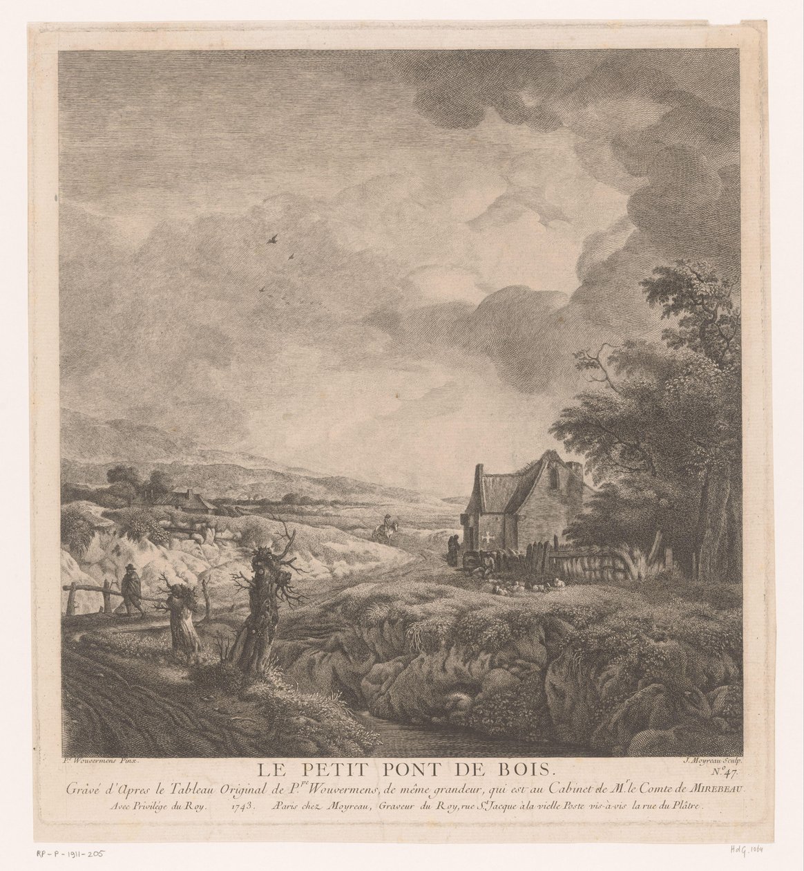 Maisema talon varrella polkua pitkin sillan yli Le petit pont de bois (otsikko esineessä) Printtejä Philips Wouwermanin maalausten jälkeen (sarjan nimi) Oeuvres de Ph.pe Wouwermans Hollandois (sarjan nimi) tekijältä Jean Moyreau
