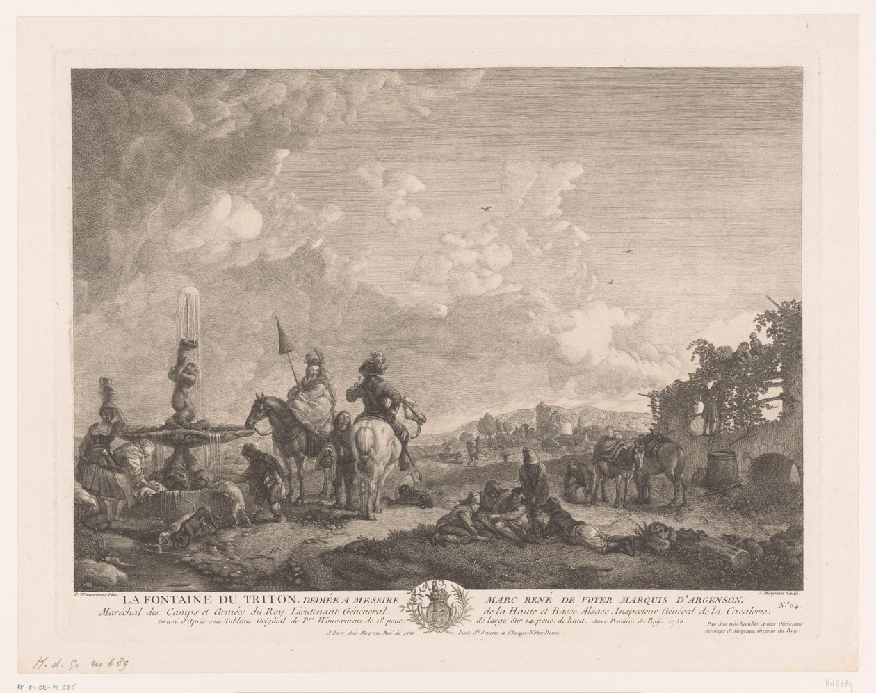 Maisema hahmoilla suihkulähteen vieressä La Fontaine du Triton (otsikko esineessä) Printtejä Philips Wouwermanin maalausten jälkeen (sarjan nimi) Oeuvres de Ph.pe Wouwermans Hollandois (sarjan nimi) tekijältä Jean Moyreau