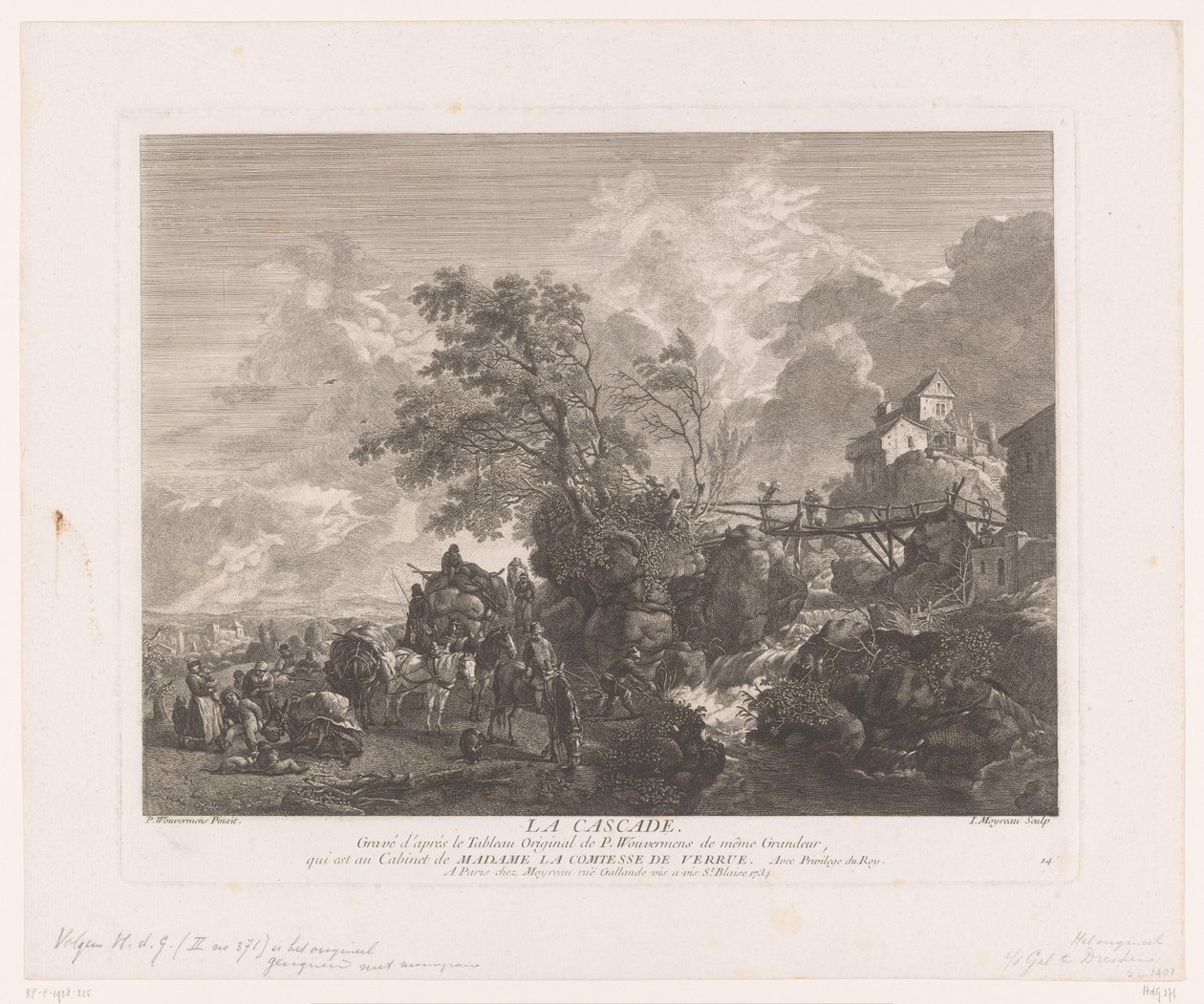 Maisema matkailijoiden kanssa vesiputouksella La Cascade (otsikko esineessä) Tulosteet Philips Wouwermanin maalausten jälkeen (sarjan nimi) Oeuvres de Ph.pe Wouwermans Hollandois (sarjan nimi) tekijältä Jean Moyreau