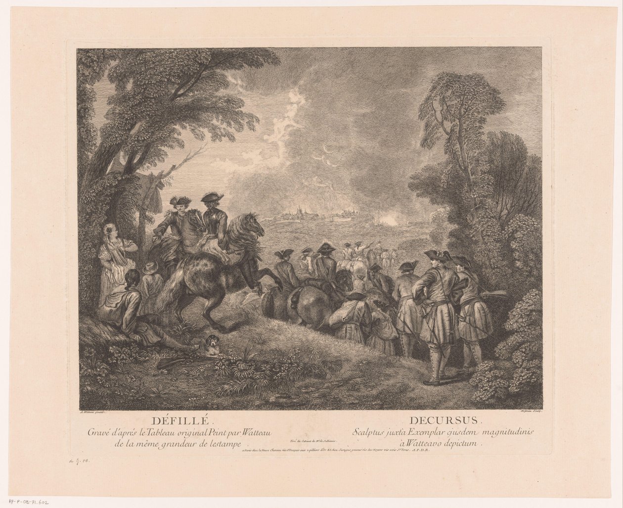 Kulkue sotilaiden kanssa matkalla kaupunkiin Défillé - Decursus (otsikko esineessä) Antoine Watteaun teokset (sarjan nimi) Antoine Watteaun teos, peintre du roy en son Academie roïale de peinture et sculpture (...) (sarjan nimi) tekijältä Jean Moyreau