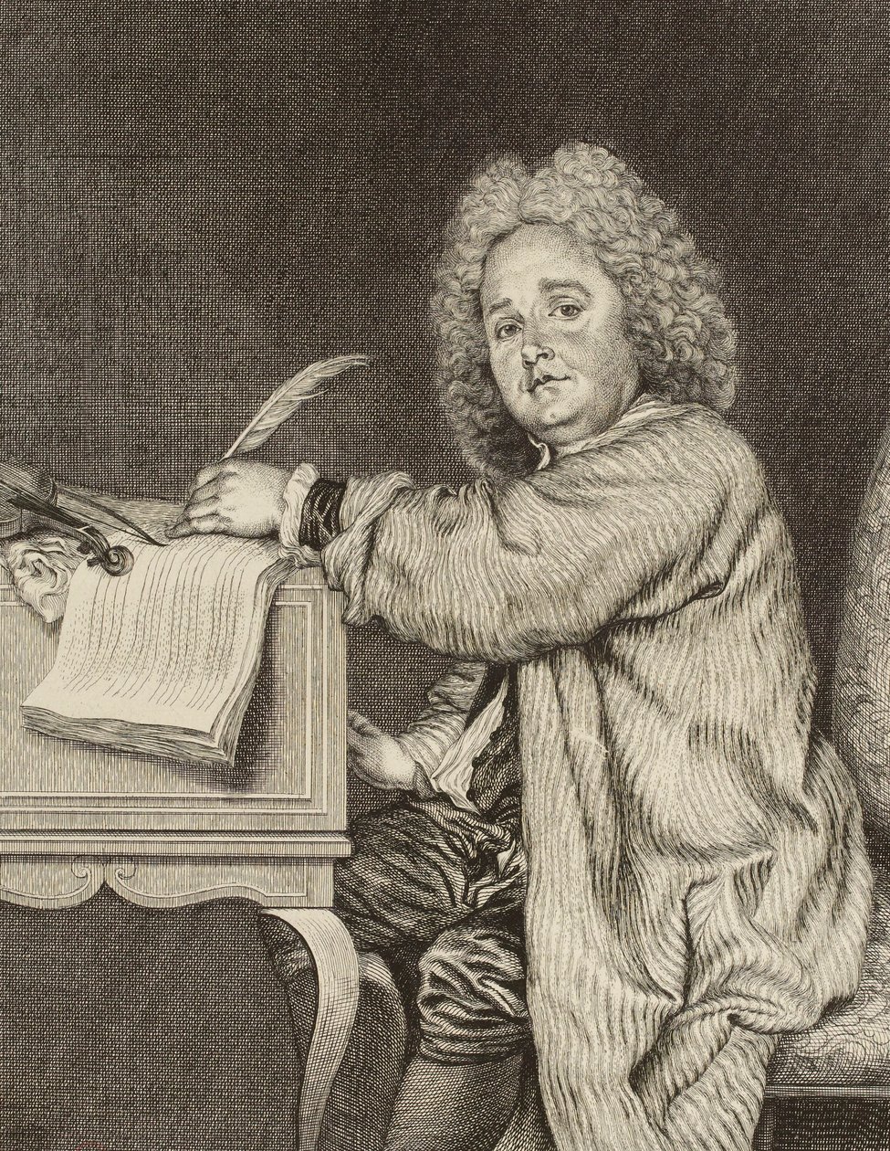 Muotokuva säveltäjä Jean-Féry Rebelistä 1666-1747, vuoden 1718 jälkeen. tekijältä Jean Moyreau