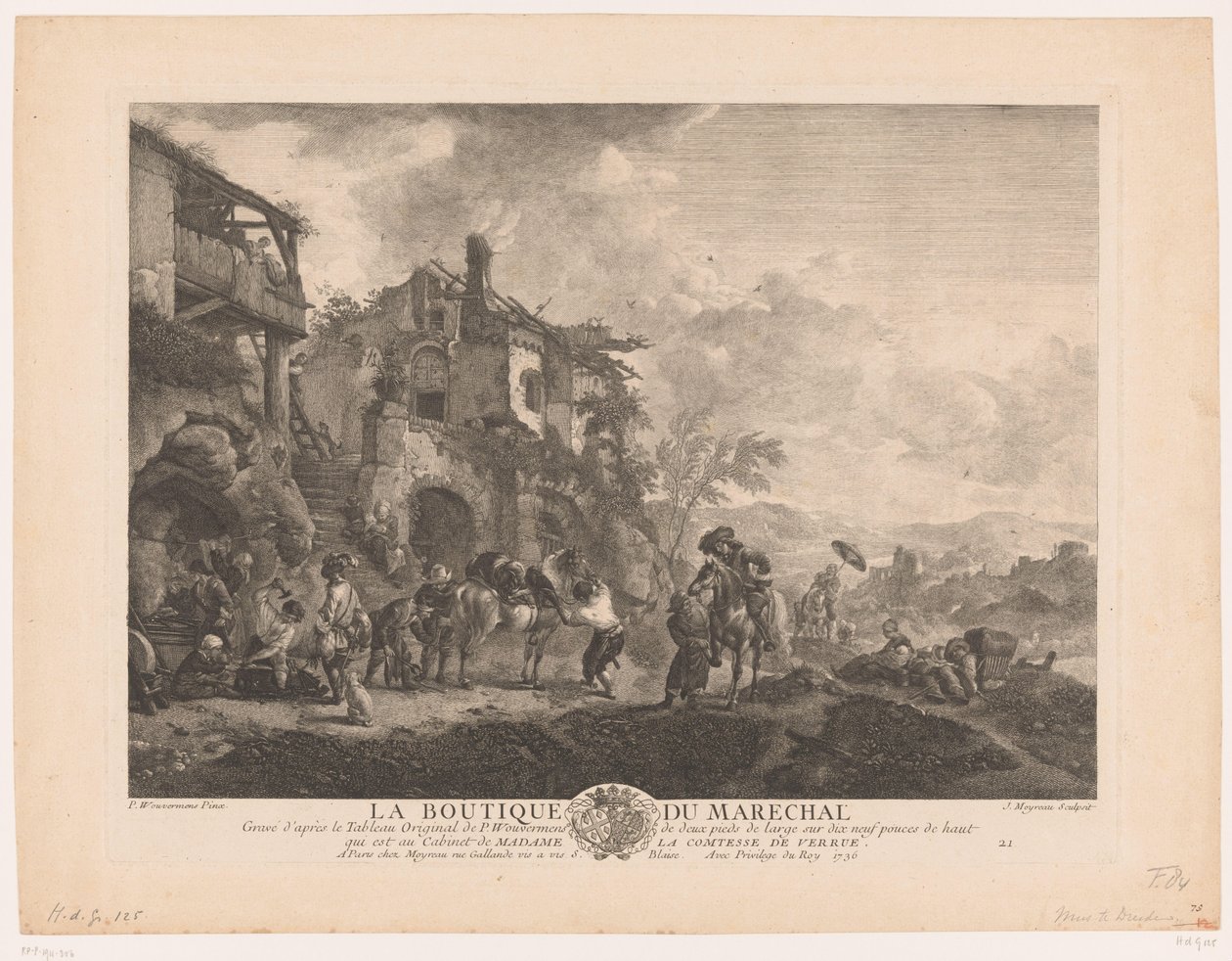 Matkustajat sepän luona La boutique du maréchal (otsikko esineessä) Tulosteet Philips Wouwermanin maalausten jälkeen (sarjan nimi) Ph.pe Wouwermans Hollandoisin teokset (sarjan nimi) tekijältä Jean Moyreau
