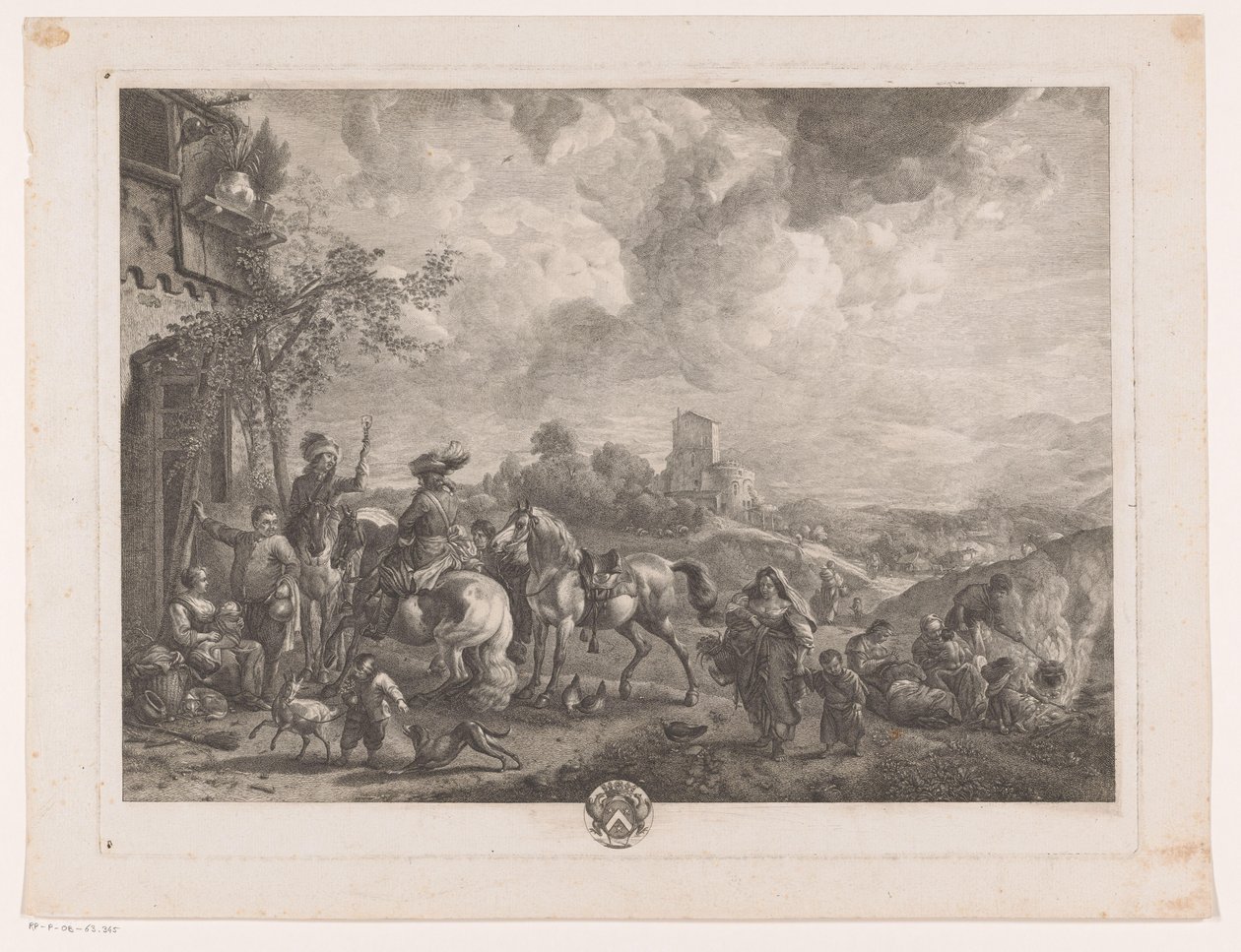 Matkustajat majatalon edessä Les Bohemians Tulosteet Philips Wouwermanin maalausten jälkeen (sarjan nimi) Ph.pe Wouwermans Hollandoisin teokset (sarjan nimi) tekijältä Jean Moyreau
