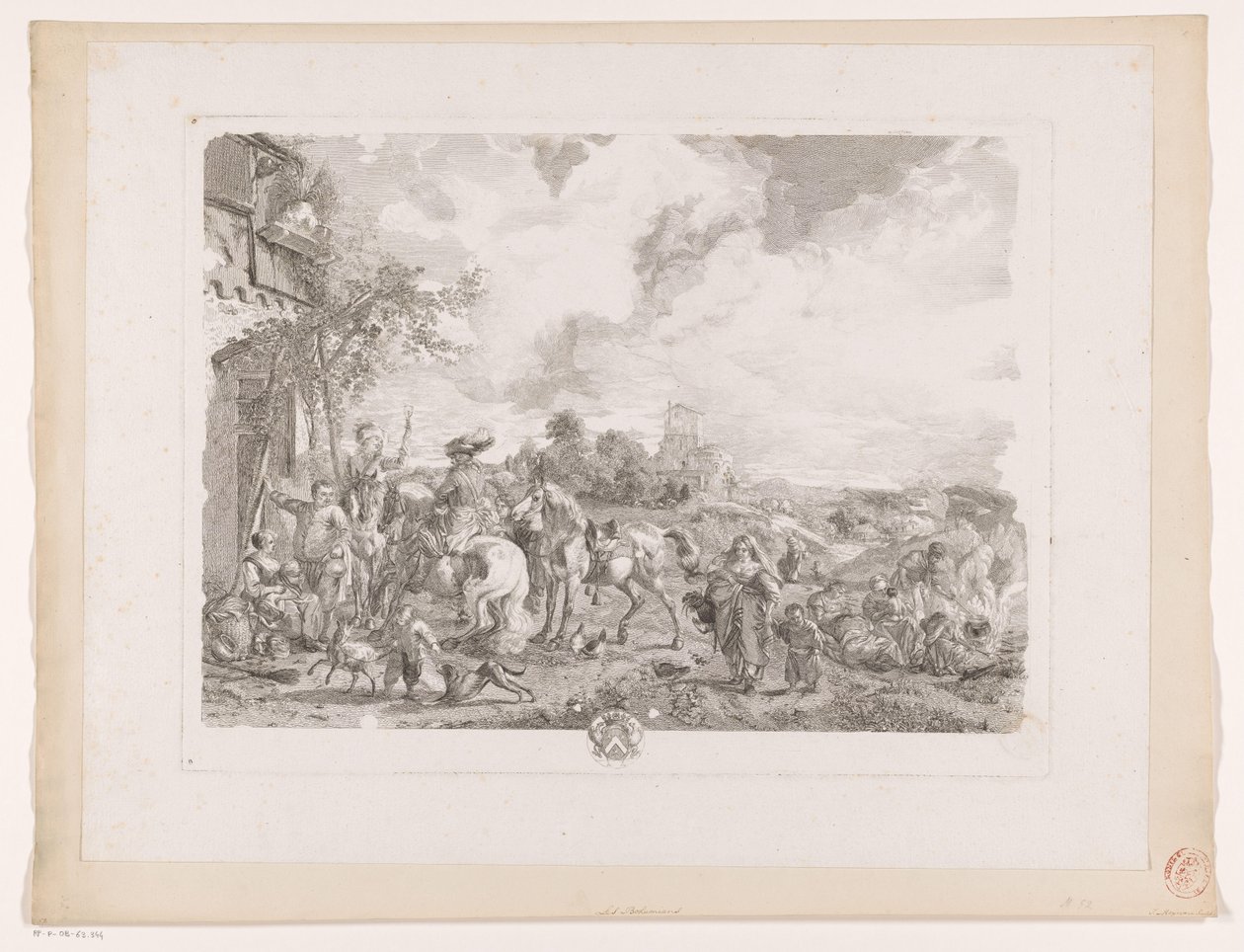 Matkailijat majataloon Les Bohemians Printtejä Philips Wouwermanin maalausten jälkeen (sarjan nimi) Oeuvres de Ph.pe Wouwermans Hollandois (sarjan nimi) tekijältä Jean Moyreau