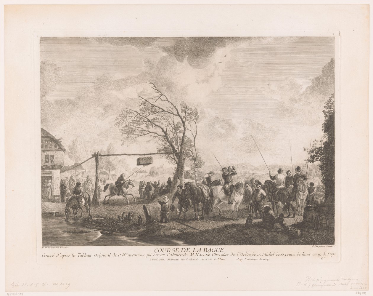 Sormuskyltti kylän majatalossa Cours de la bague (otsikko esineessä) Tulosteet Philips Wouwermanin maalausten jälkeen (sarjan nimi) Oeuvres de Ph.pe Wouwermans Hollandois (sarjan nimi) tekijältä Jean Moyreau