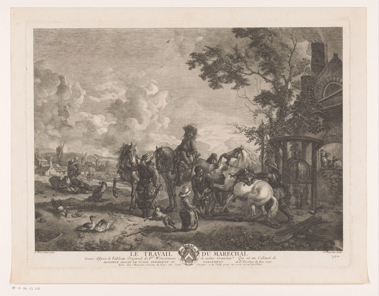 Ratsastajia parvella Le Travail du Marechal (otsikko esineessä) Tulosteet Philips Wouwermanin maalausten jälkeen (sarjan nimi) Oeuvres de Ph.pe Wouwermans Hollandois (sarjan nimi) tekijältä Jean Moyreau