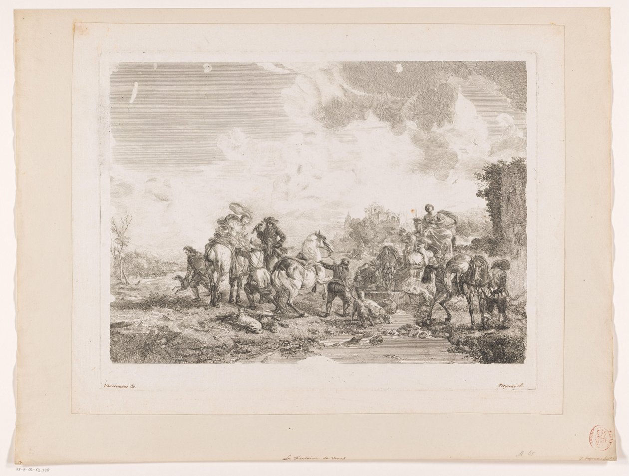 Lepäävät metsästysseurat suihkulähteen äärellä La Fontaine de Venus Tulosteet Philips Wouwermanin maalausten jälkeen (sarjan nimi) Oeuvres de Ph.pe Wouwermans Hollandois (sarjan nimi) tekijältä Jean Moyreau