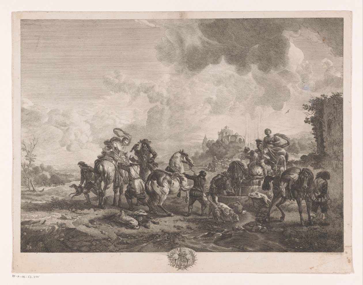 Lepäävät metsästysseurat suihkulähteen äärellä La Fontaine de Venus Printtejä Philips Wouwermanin maalausten jälkeen (sarjan nimi) Oeuvres de Ph.pe Wouwermans Hollandois (sarjan nimi) tekijältä Jean Moyreau