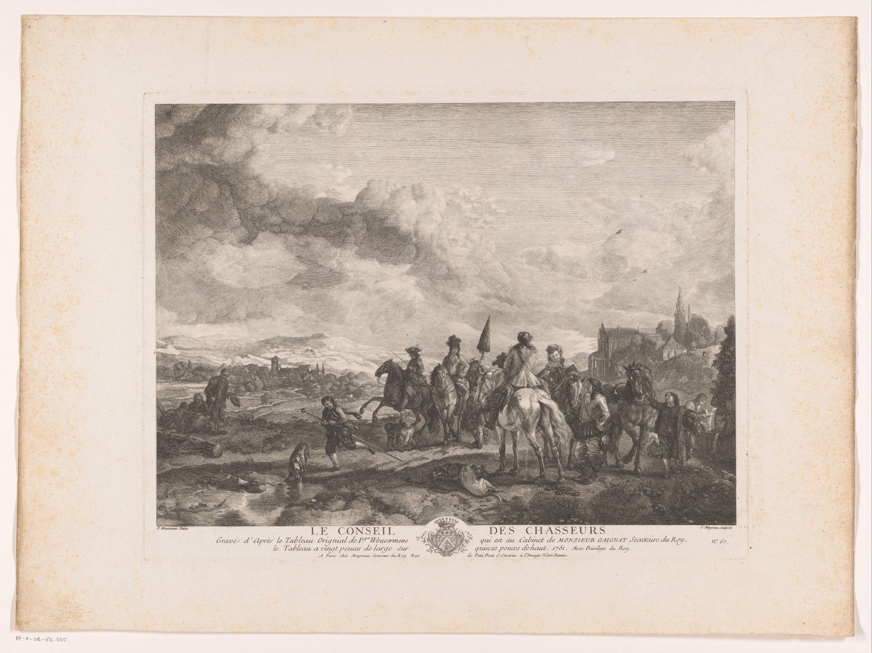 Lepäävät metsästysseurat maisemassa Le Conseil des Chasseurs (otsikko esineessä) Printtejä Philips Wouwermanin maalausten jälkeen (sarjan nimi) Oeuvres de Ph.pe Wouwermans Hollandois (sarjan nimi) tekijältä Jean Moyreau