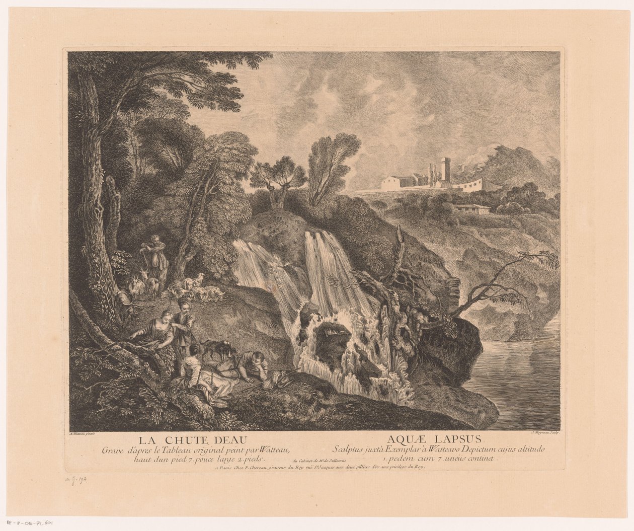 Rustende-hahmo bij een watervalissa Vesiputous - Aquae Lapsus (otsikko esineessä) Antoine Watteaun teos (sarjan nimi) Antoine Watteaun teos, kuninkaan maalari hänen Royal Academy of Painting and Sculpture -akatemiassa (...) (sarjan nimi) tekijältä Jean Moyreau