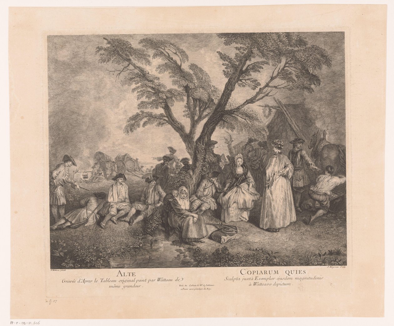 Rustende kertaagers bij een halte Alte - Copiarum Quies (otsikko esineessä) Antoine Watteaun teos (sarjan nimi) Antoine Watteaun teos, kuninkaan maalari hänen Royal Academy of Painting and Sculpture -akatemiassa (...) (sarjan nimi) tekijältä Jean Moyreau