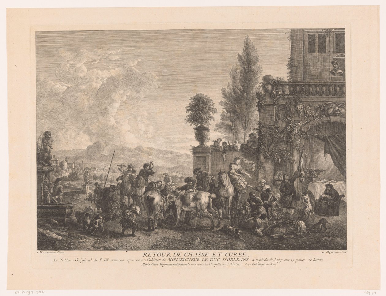 Paluu metsästysseura Palauta chasse et curée (otsikko esineessä) Printtejä Philips Wouwermanin maalausten jälkeen (sarjan nimi) Oeuvres de Ph.pe Wouwermans Hollandois (sarjan nimi) tekijältä Jean Moyreau