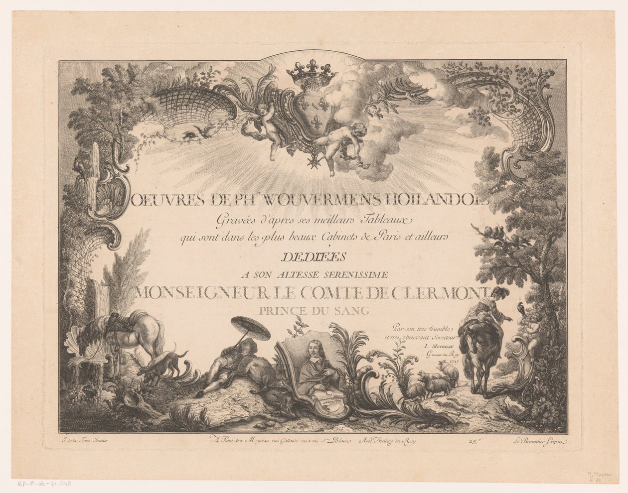 Otsikkoprintti hahmoilla ja eläimillä maisemassa sekä Philips Wouwermanin muotokuva Printtejä Philips Wouwermanin maalausten jälkeen (sarjan nimi) Oeuvres de Ph.pe Wouwermans Hollandois (sarjan nimi esineellä) tekijältä Jean Moyreau