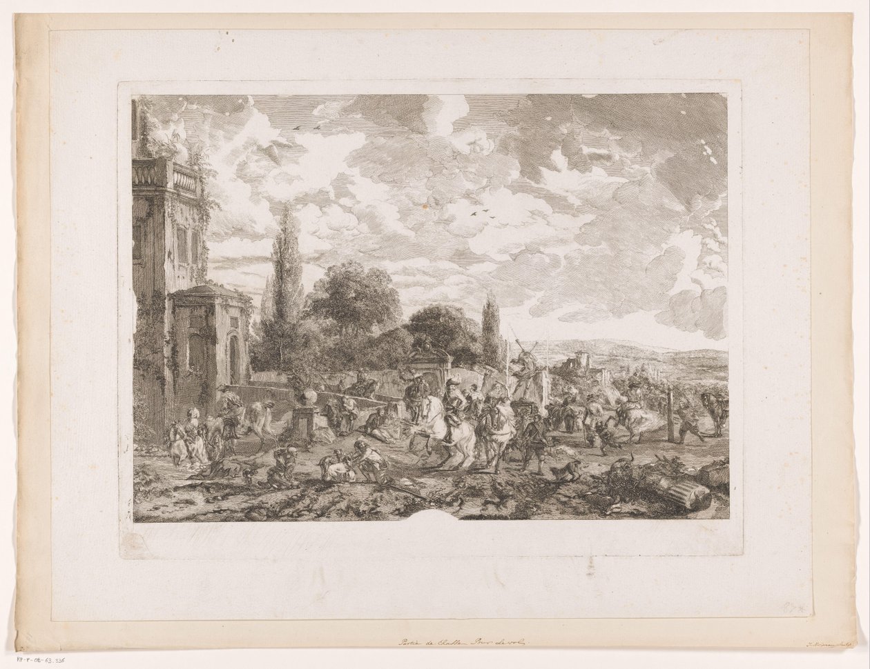 Sortida de la festa de caça cap a una casa Partie de Chasse pour le Vol Gravats després de pintures de Philips Wouwerman (títol de la sèrie) Oeuvres de Ph.pe Wouwermans Hollandois (títol de la sèrie) acabat tekijältä Jean Moyreau