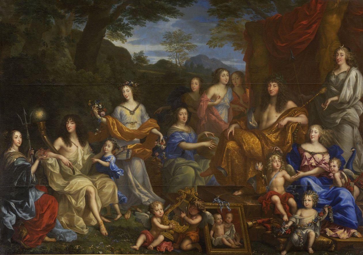 Ranska: Portrait mythologique de la famille de Louis XIV Mytologinen muotokuva Ludvig XIV:stä ja kuninkaallisesta perheestä. tekijältä Jean Nocret