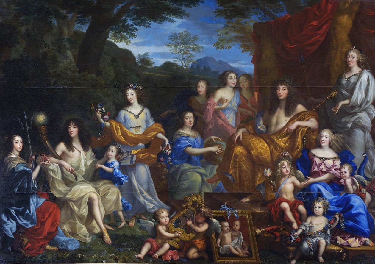 Ranska: Portrait mythologique de la famille de Louis XIV Mytologinen muotokuva Ludvig XIV:stä ja kuninkaallisesta perheestä. tekijältä Jean Nocret