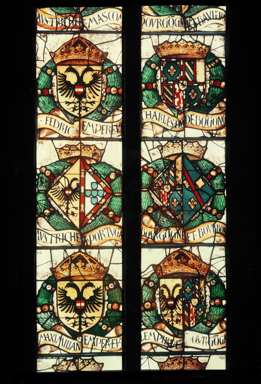 Itävallan, Saksan, Ranskan ja Portugalin kuninkaallisten perheiden heraldiset vaakunat, jotka liittyvät lahjoittajaan, Itävallan Margaretaan, 1527-29 tekijältä Jean Orquois Antoine Noisin