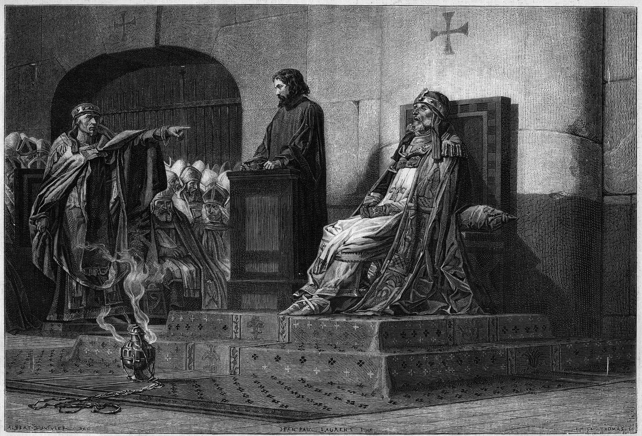 Paavi Formosa ja Stefanus VII. Kuninkaallinen neuvosto, 897: paavi Formosan (paavi 891-896) ruumis, joka pukeutui hänen paavinvaatteineen, verrattiin paavi Stefanos VI tai VII (paavi 896-897) synodaalikokouksen puheenjohtajuuteen kaivauksen alussa tekijältä Jean Paul (after) Laurens