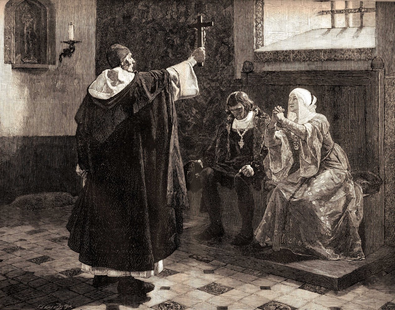 Suuri espanjalainen inkvisiittori, Fray Tomas de Torquemada (1420-1498), katolisten kuninkaiden Ferdinand II Aragonian ja Isabella Kastilialainen joukossa tekijältä Jean Paul (after) Laurens