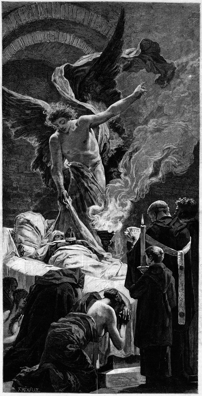 Pyhän Genevieven kirkastus. Kaiverrus Jean Paul Laurensin (1838-1921) freskon jälkeen Pariisin Pantheonissa. "" The Illustrous World" -julkaisussa nro 1312, 20. toukokuuta tekijältä Jean Paul (after) Laurens
