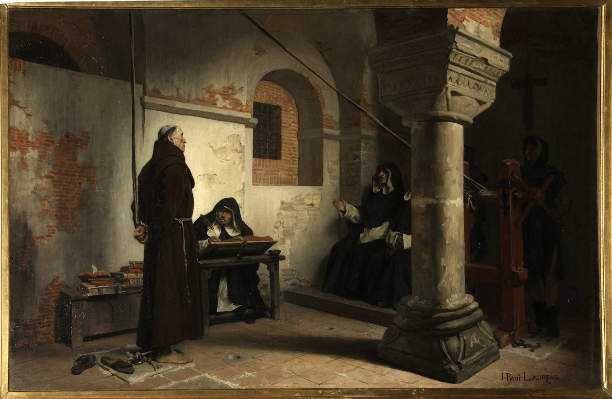 Bernard Delicieux (1260-1319) inkvisition tuomioistuimessa - Jean Paul (Jean-Paul) Laurensin (1838-1921) maalaus, öljy kankaalle, noin 1881, 79x121 cm - (Bernard Delicieux ennen inkvisitiotuomioistuinta Jean Paul Laurensin kangas) - Sta tekijältä Jean Paul Laurens