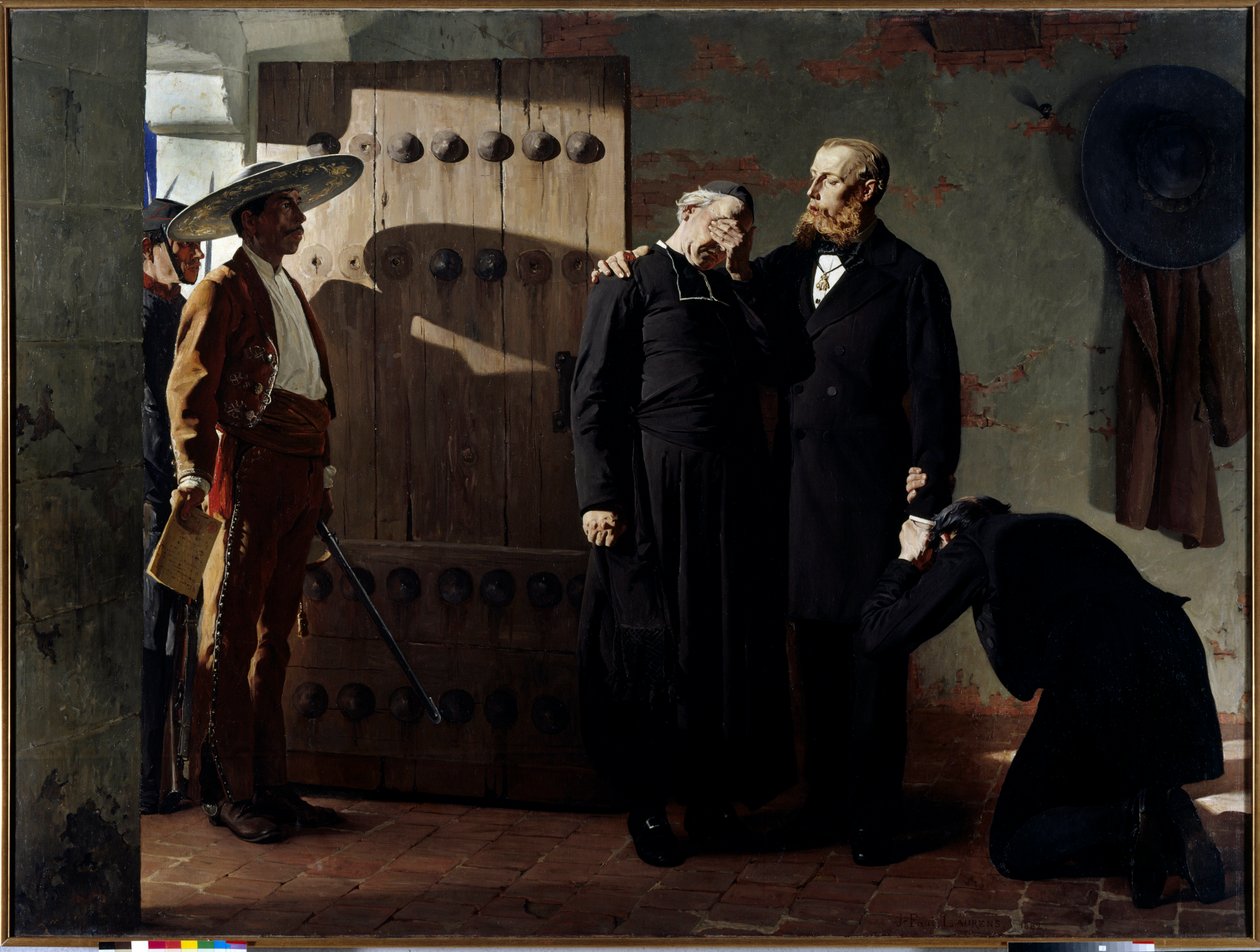 Meksikon keisari Maximilian I (1832-1867) ennen teloitustaan 19. kesäkuuta 1867 Kuningas lohdutti pappia ennen kuin poistui vankilastaan. Jean Paul Laurensin (1838-1921) maalaus 1882 Pietari. Eremitaasin museo. tekijältä Jean Paul Laurens