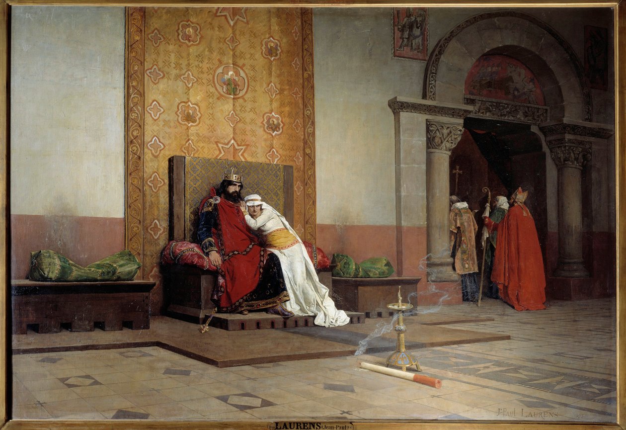 Robert II hurskaan ekskommunikaatio vuonna 998. Ranskan kuningas, Hugues Capetin poika, rakastuu ja menee naimisiin serkkunsa Berthen kanssa Burgundiasta huolimatta paavi Gregoire V:n desaprobaatiosta, joka myös luovuttaa hänet. Jean Paul Laurensin maalaus tekijältä Jean Paul Laurens