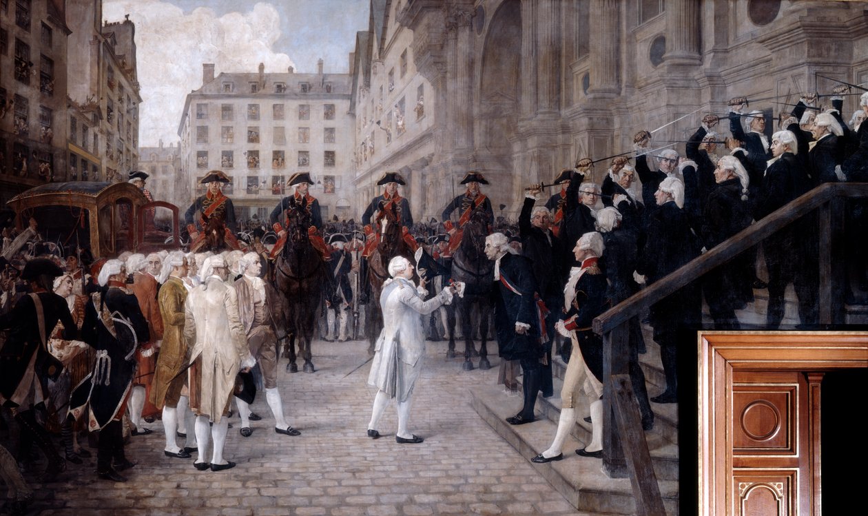 Pariisin uusi pormestari vastaanotti Louis XVI:n 17. heinäkuuta 1789, 1800-luvun alku tekijältä Jean Paul Laurens